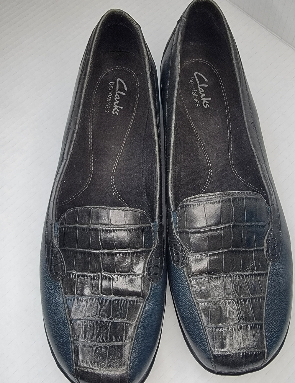 Clarks Bendable Bayou Q Croc Loafers Navy Blue Black Leather Women's 10W